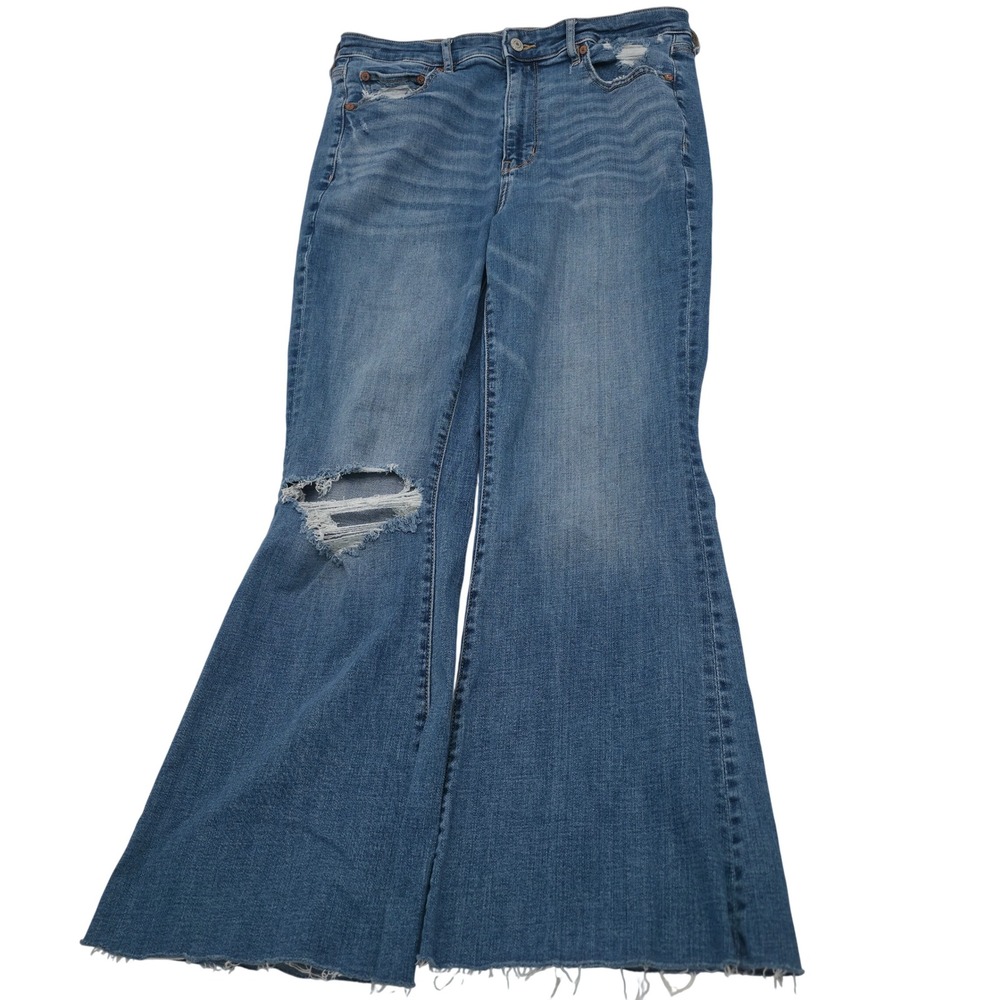 Y2K American Eagle Super Hi-Rise Flare Jeans W 12 Blue Distressed Stretch Grunge